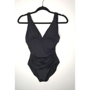Lauren Ralph Lauren Black Ruched V-Neck One Piece Sz 8 Swimsuit Tum Control NEW